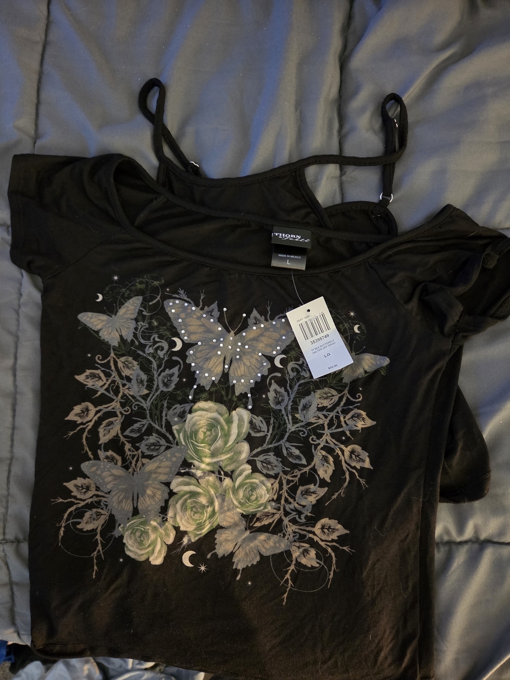 Hot Topic Black Crop Top with Green Rose and Butterfly Graphic